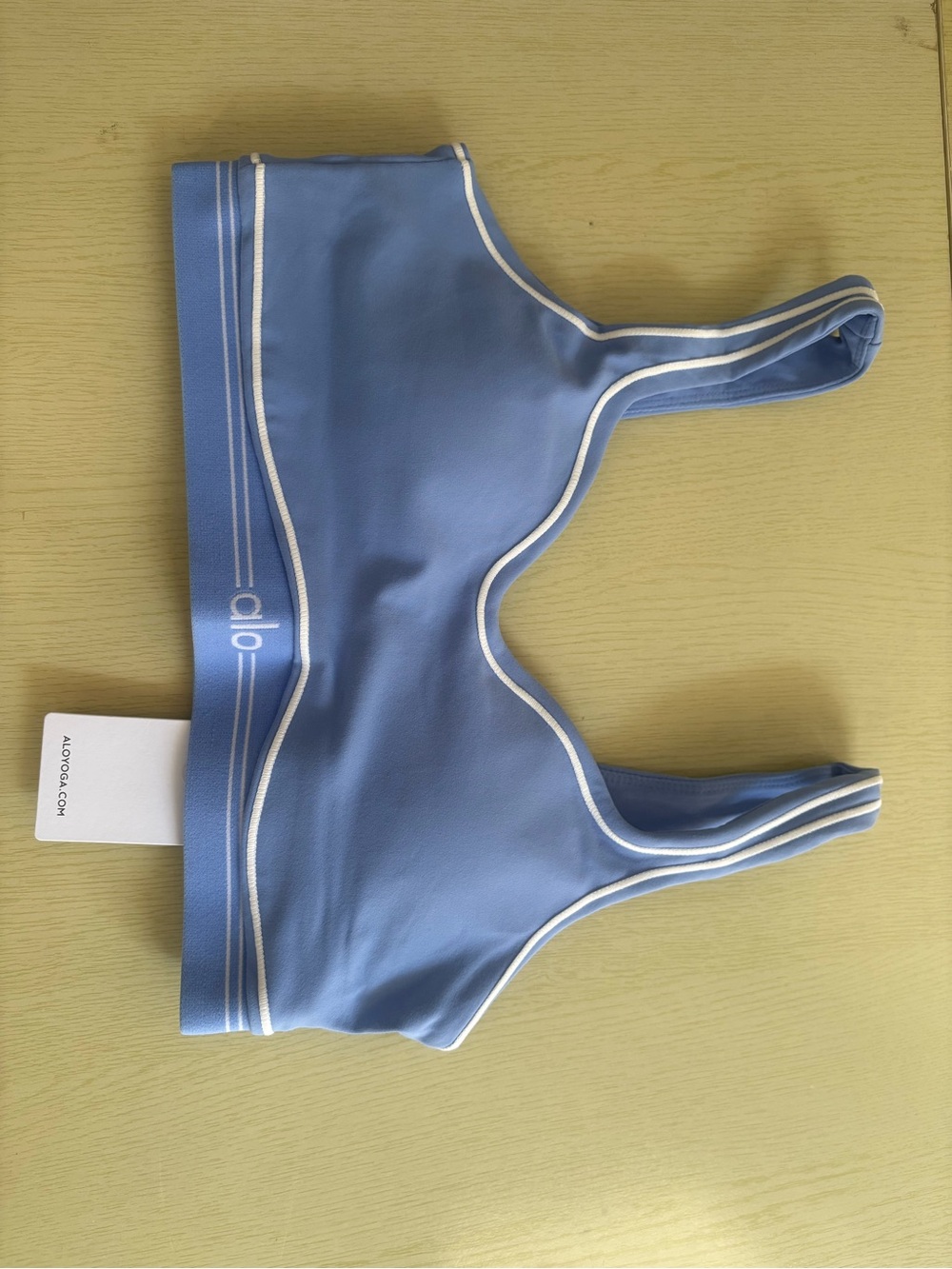 ALO Yoga Light Blue Sports Bra with White Tag Detail - Picture 5 of 7